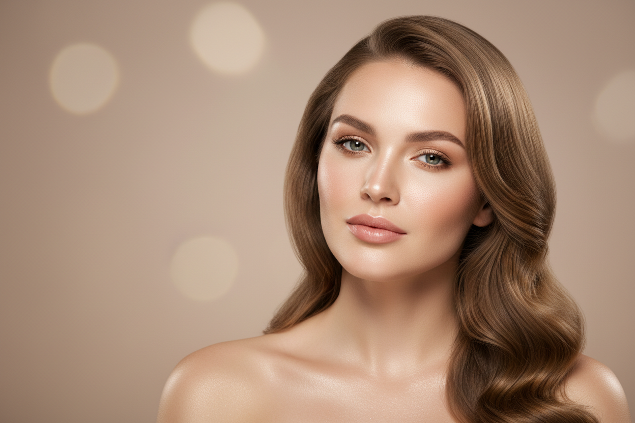 Create a stunning luxury beauty brand cover for Awid Beauty®. Feature an elegant, confident woman with flawless glowing skin, natural makeup, and soft facial expression. Use a minimal, premium aesthetic with soft beige, nude, blush, and gold tones. Add subtle light effects, smooth textures, and a clean background. The mood should feel high-end, feminine, modern, and sophisticated, suitable for a premium beauty brand.,  please image with no text