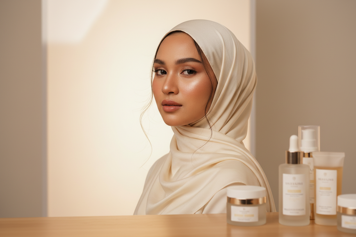 pleas generate image with a hijabi muslim woman reflect my  beauty brand, no text on image